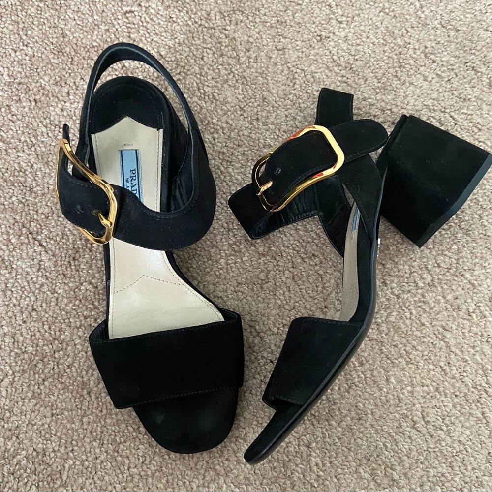 Prada Black Suede Block Heel Buckle Sandals